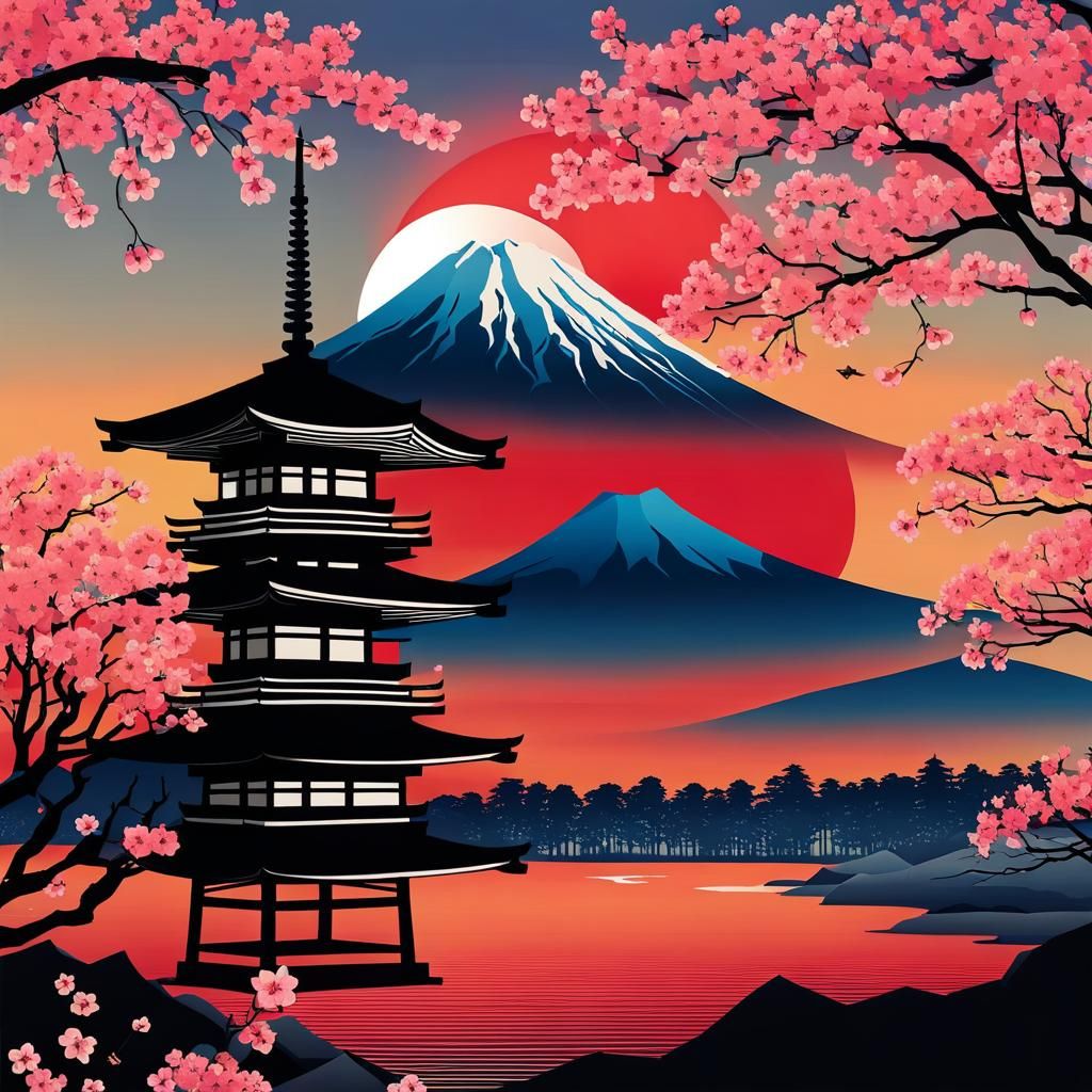 Mount Fuji with Red Sun and Cherry Blossoms
