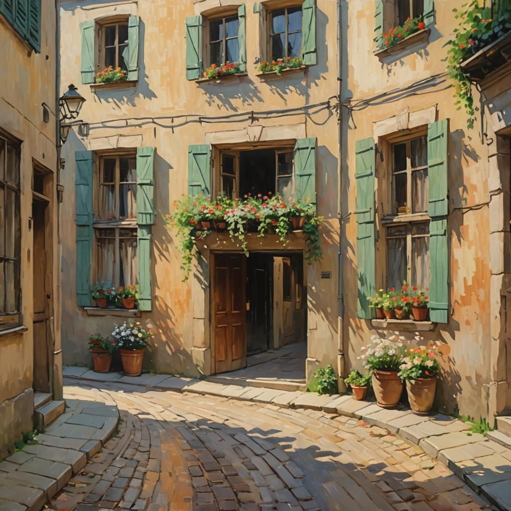 Impressionist Street Scene with Open Windows