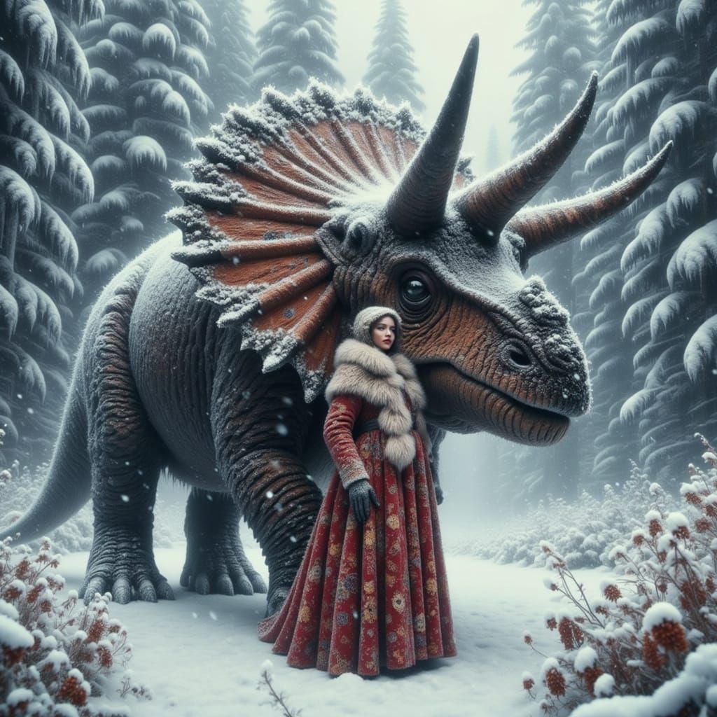 Siberian Princess and Ancient Triceratops in Taiga