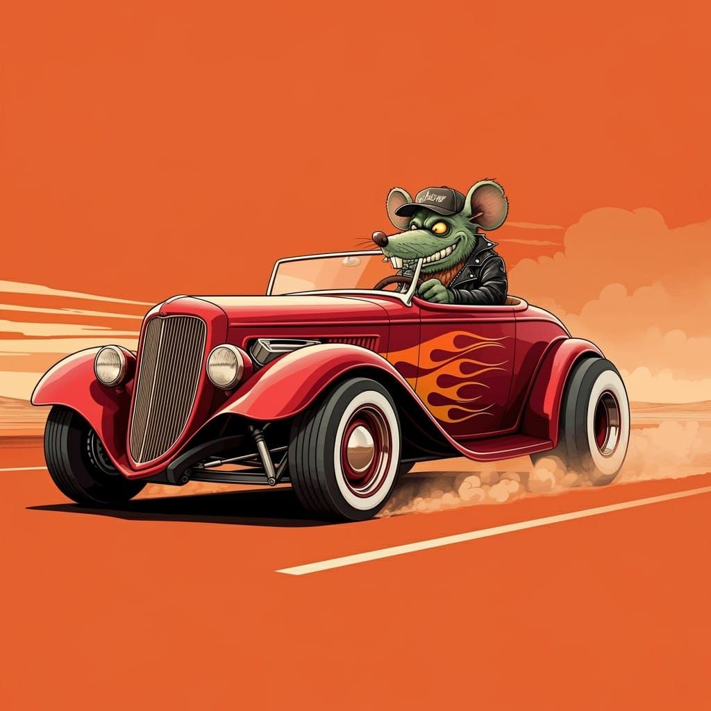 Ratfink Hotrod Racer in Cherry Red, Flames, and Chrome