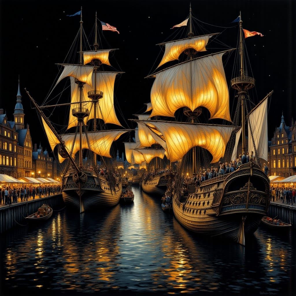 Ancient Port with Sailing Ships in Impasto Style