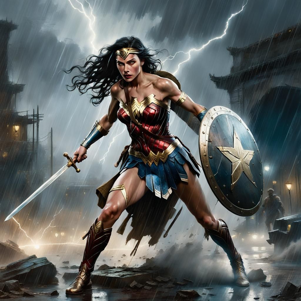 Wonder Woman Charges into Battle: Dramatic Matte Painting