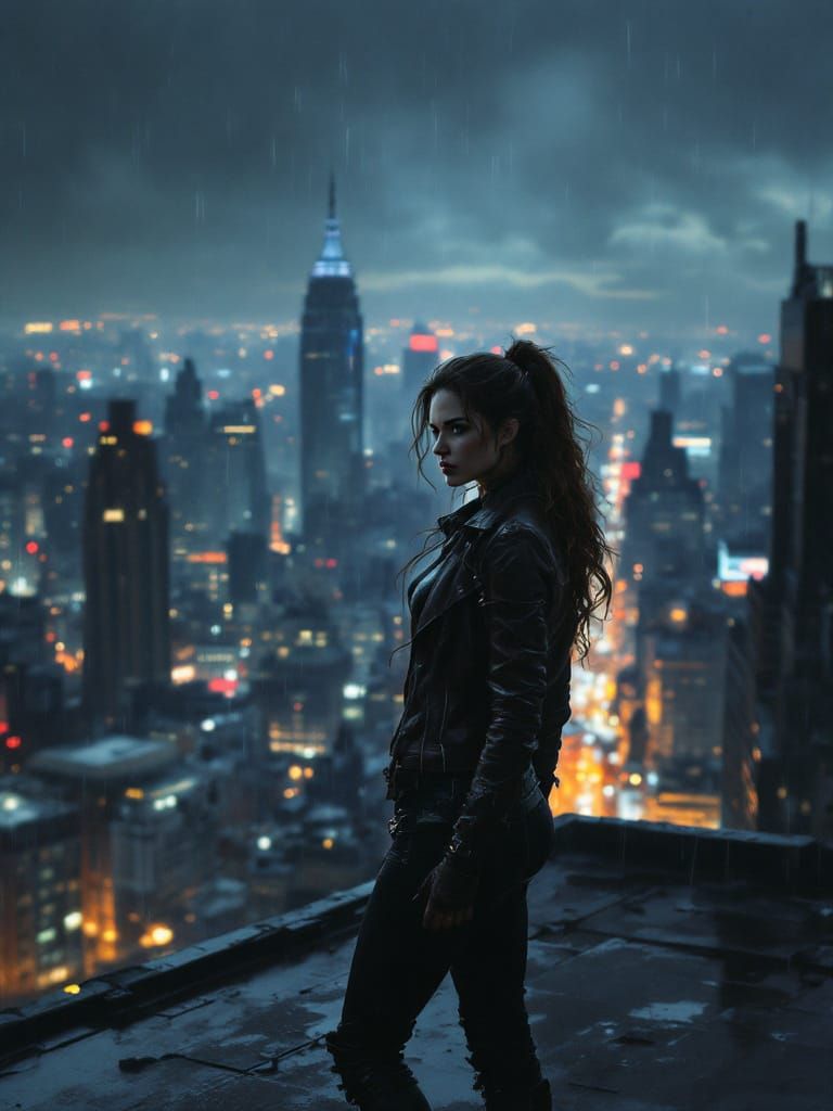 Superheroine on Rooftop in Tonalist Oil Painting Style