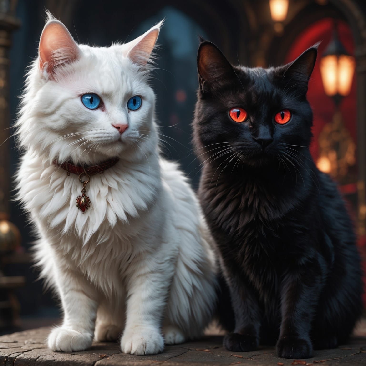 Two Fluffy Cats with Contrasting Eyes