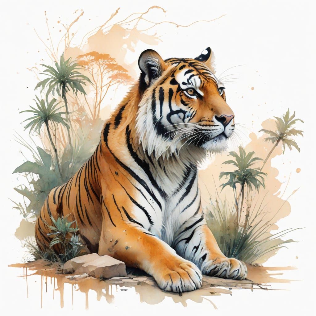 Savannah Oasis with Tigers in Watercolour Style