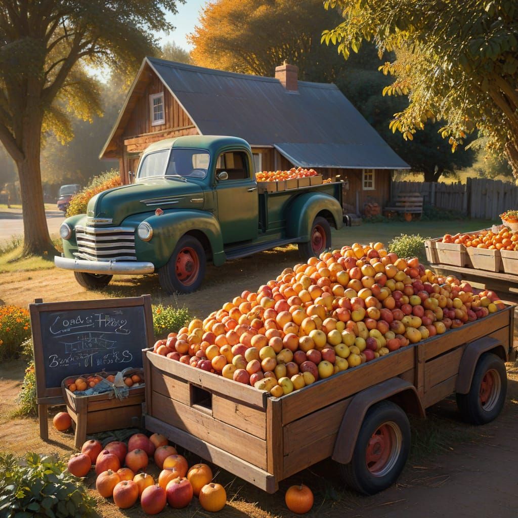 Rustic Farmstand Scene With Apples and Pumpkins