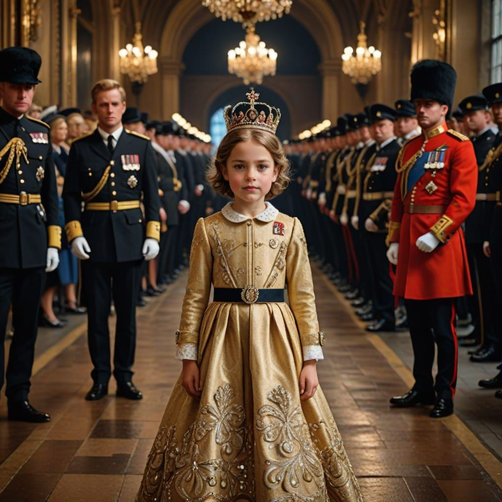 Young Queen in Regal Portrait with British Crown and Royal G...