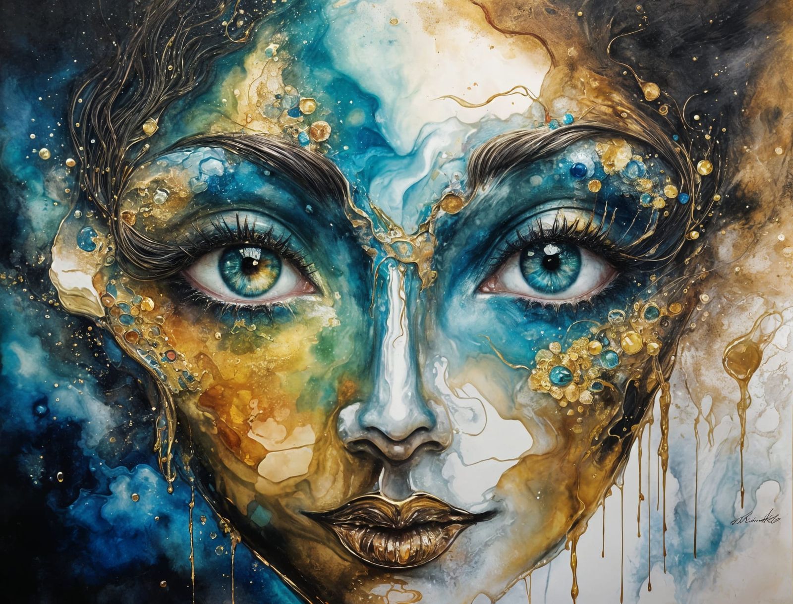 Masterpiece abstract face in alcohol ink splash canvas, acry...