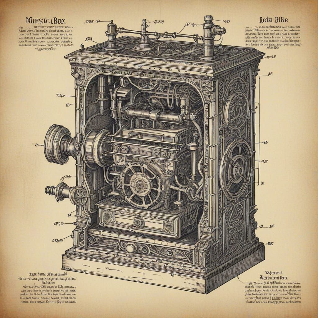 Medieval Steampunk Music Box Blueprint Illustration