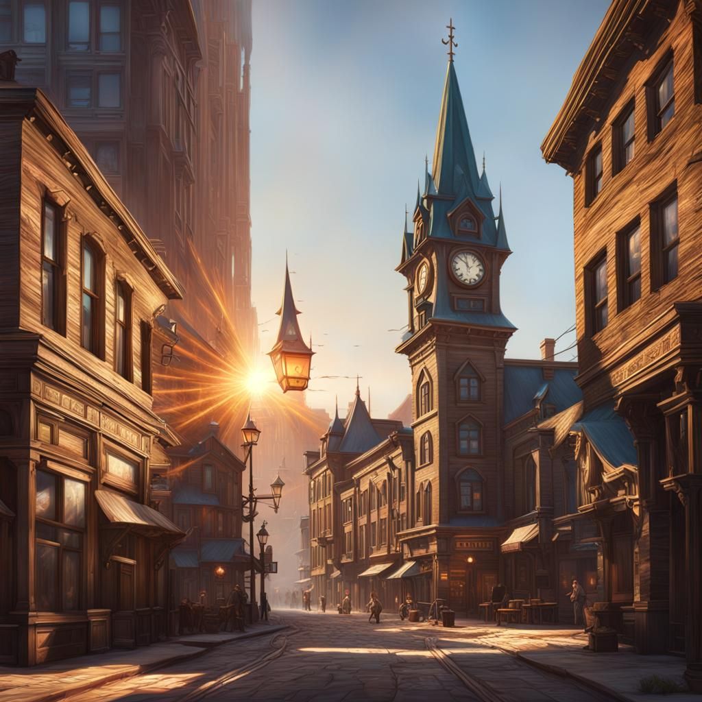 Old West Clock Tower With Solar Flare, Digital Art