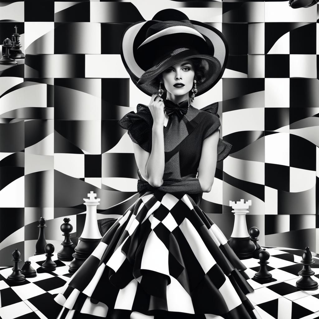 Chess Queen: Elegant Portrait with Chessboard Dress