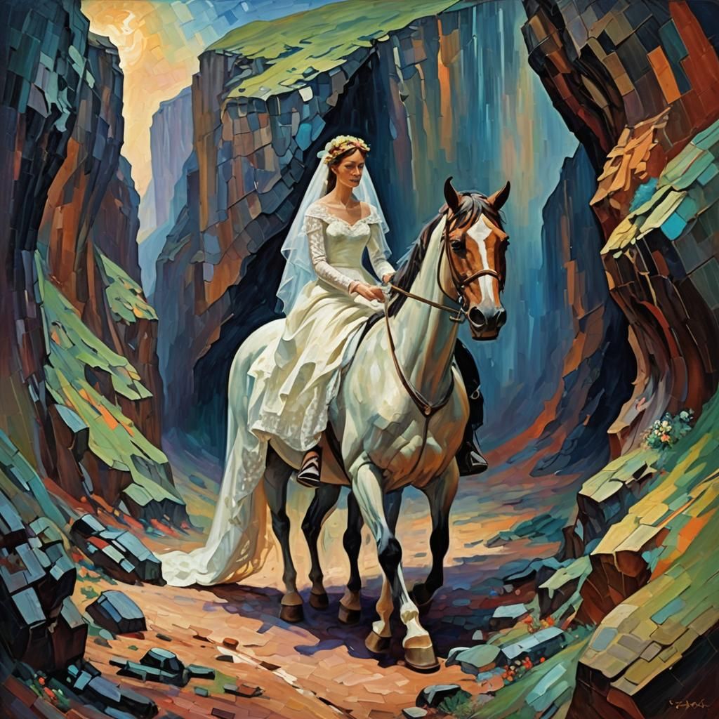 Bride and Horse Plunge into Chasm: Expressionist Oil Paintin...