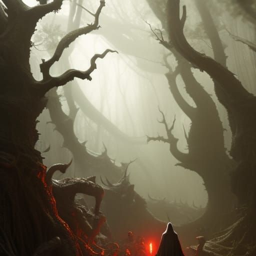 Monster Walks Dark Forest Path in Doré Style