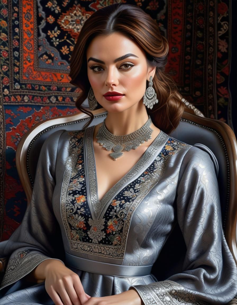 Woman in Grey Dress: Hyperrealistic Oil Painting