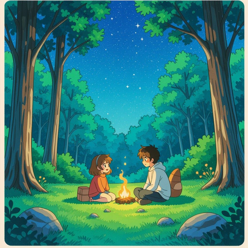 Retro 90s Anime Woodland Scene Under Starry Sky
