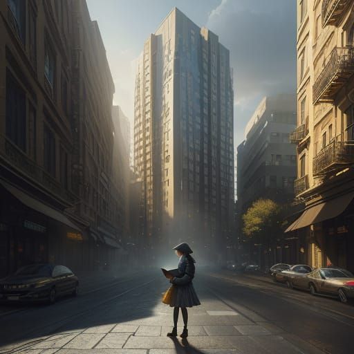 Golden Moment of a Little Girl Reading on a Sunny Street