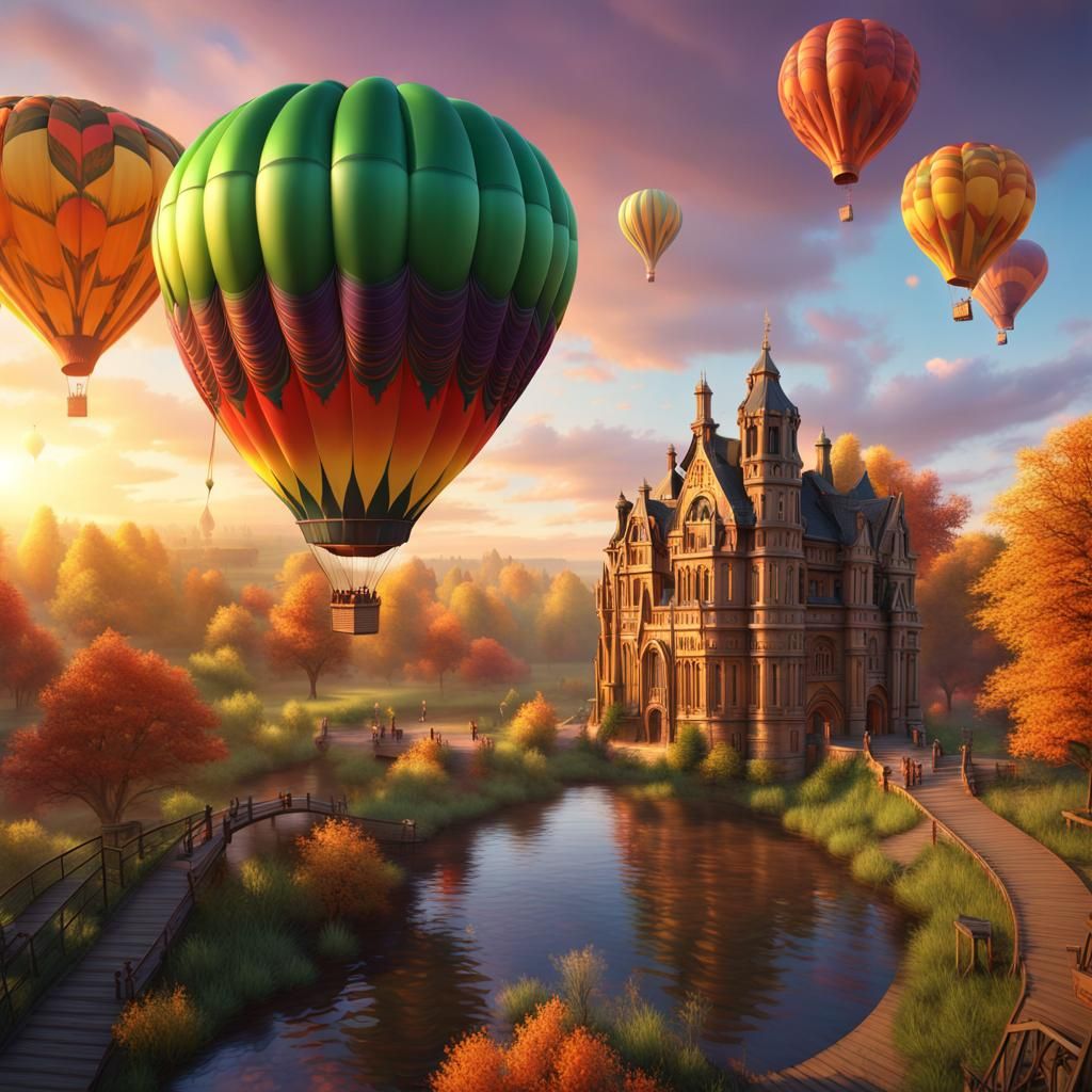 Colorful Hot Air Balloon Over Park, Airbrush Art