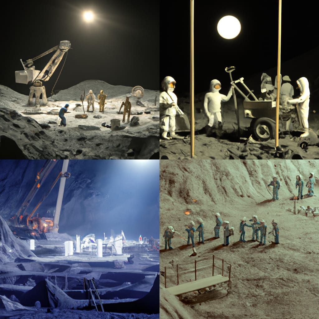 Realistic Massive lunar excavation site, industrial site, lighting, nighttime, inside a crater on the moon, lunar lander...