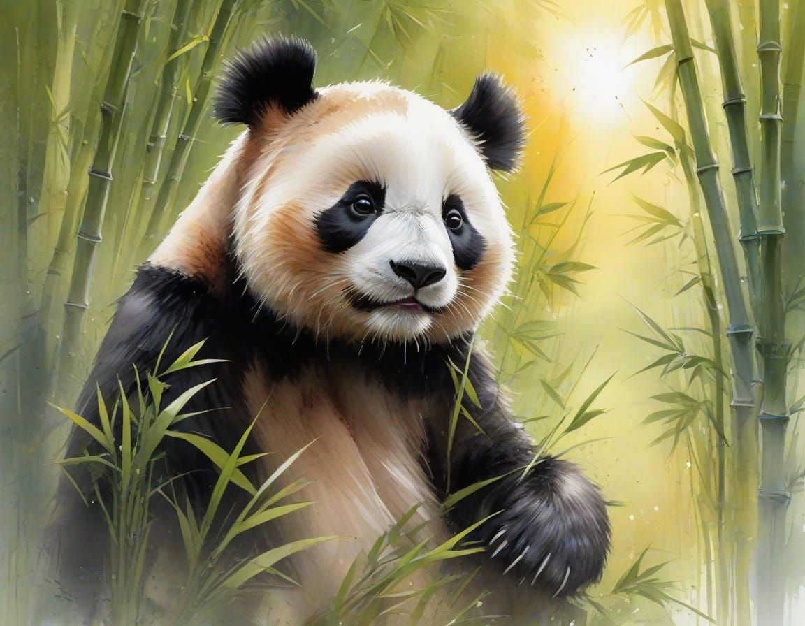 Panda in Bamboo Grove: Watercolour Sunset Scene