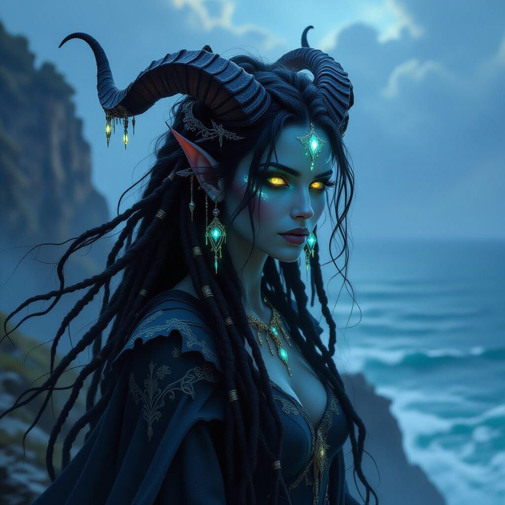 Tiefling Sorceress on Cliff Overlooking Stormy Sea