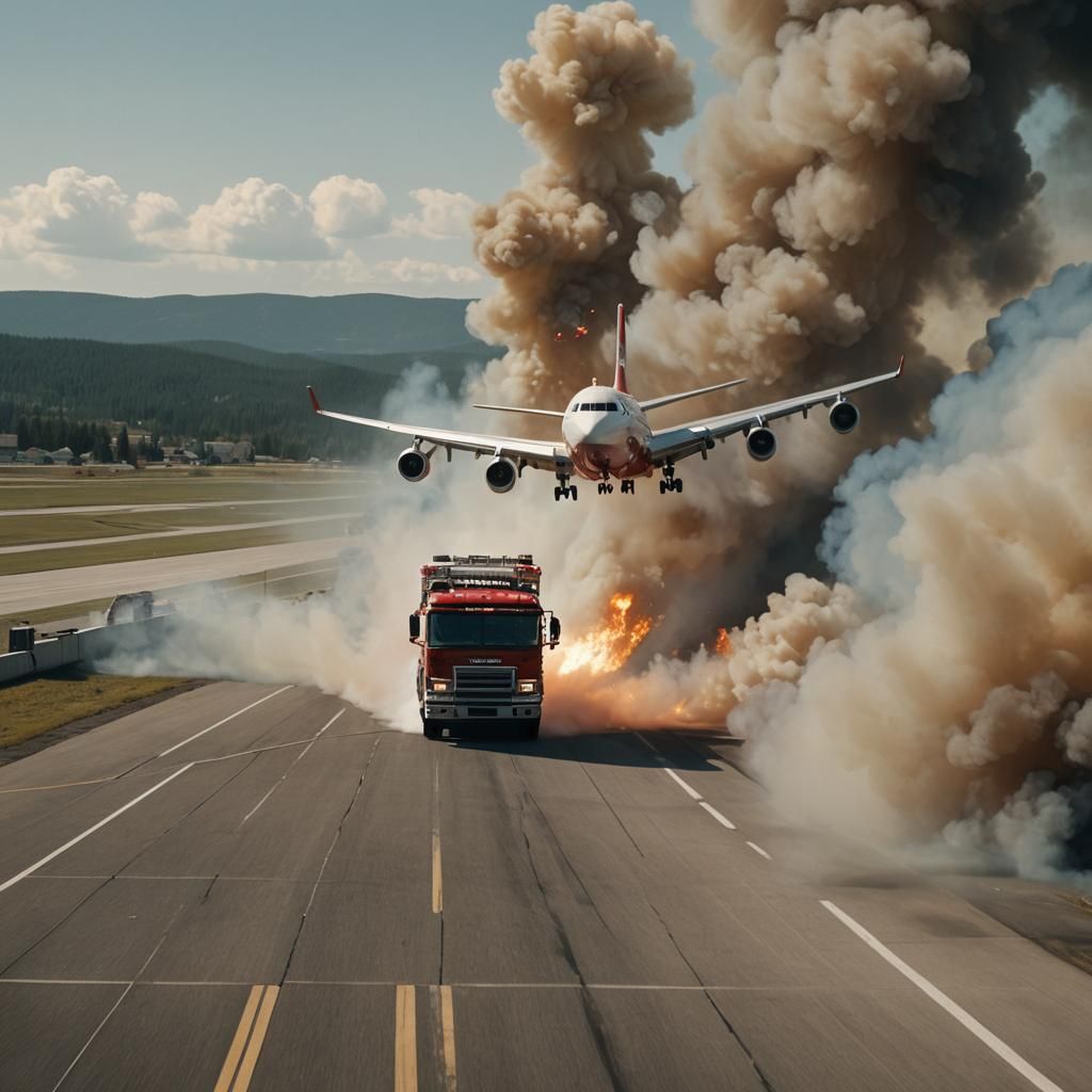 Airport Fire Truck Races Toward Red Boeing 747