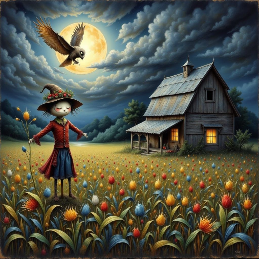 Scarecrow, Owl, and Barn Under Moon in Mystical Realism