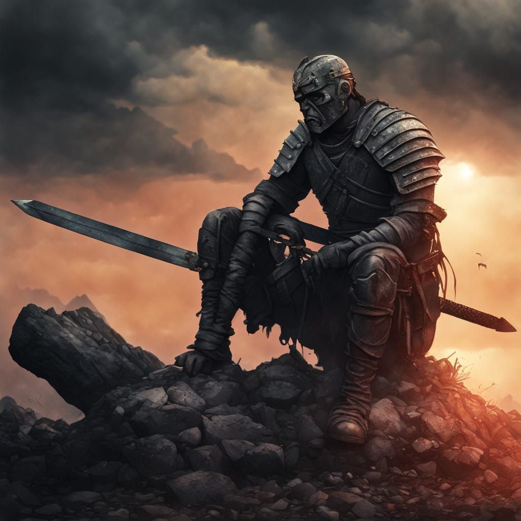 Gritty Dark Fantasy Warrior Contemplates Broken Sword