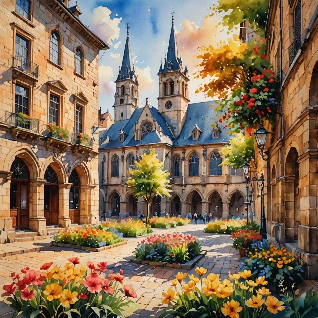 Old University in Watercolor Painting with Impressionist Sty...