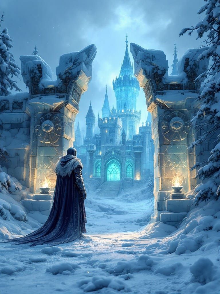 Knight in Frozen Armour Guards Ice Castle Gates