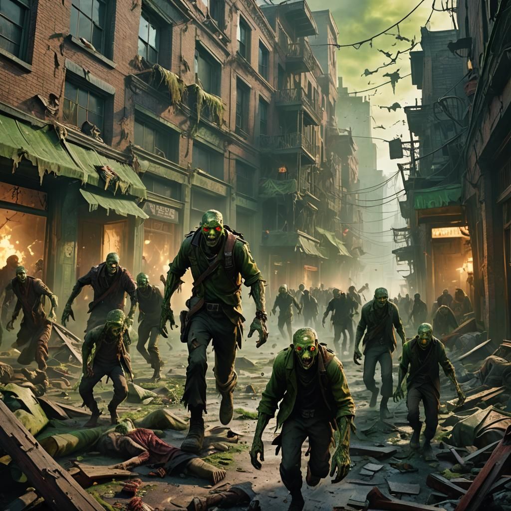 Zombies Shambling Through Ruined Cityscape