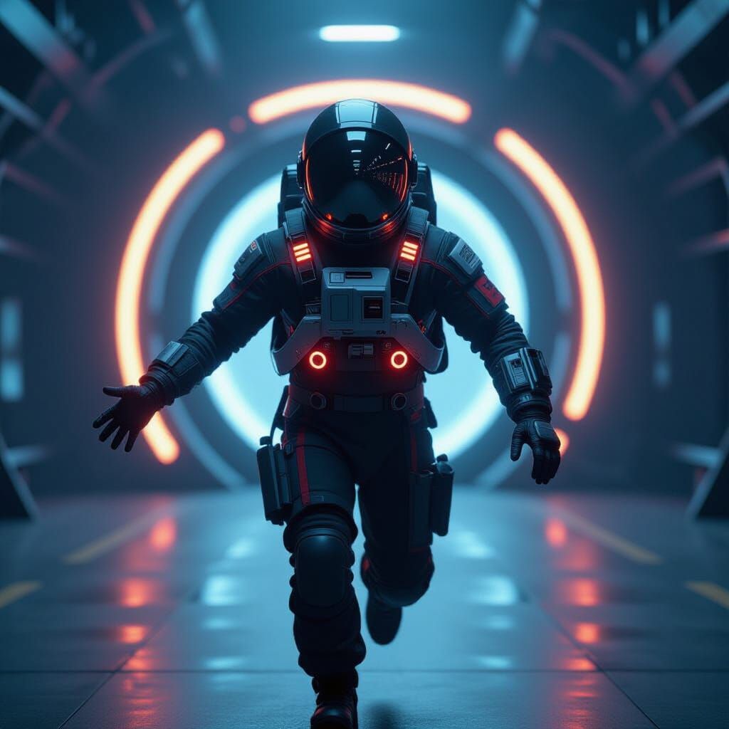 Astronaut Reaching Out in Dramatic Neon Light