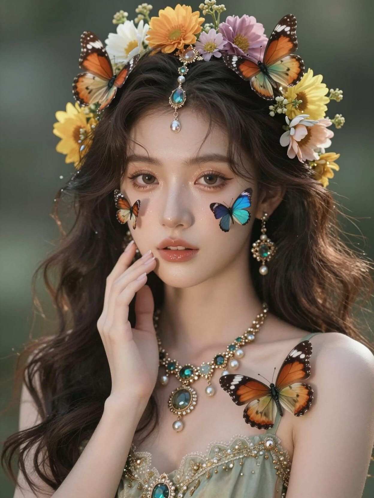 Woman Adorned with Butterflies Flowers and Jewels