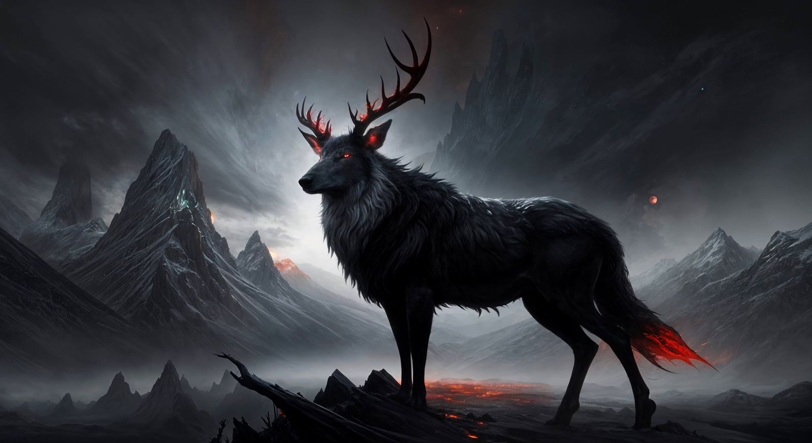 Majestic White Wolf with Deer Antlers in Dark Fantasy Style