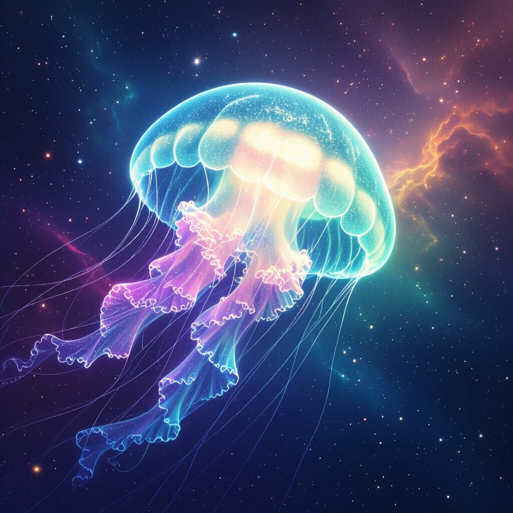 Bioluminescent Jellyfish Floating Through Nebula, Digital Ar...