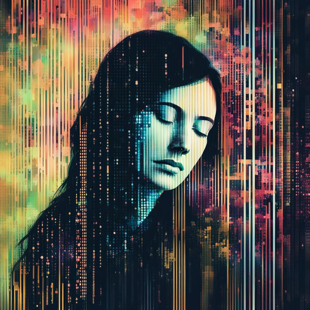 Glitch Art Portrait of Sleeping Woman in Binary Dream