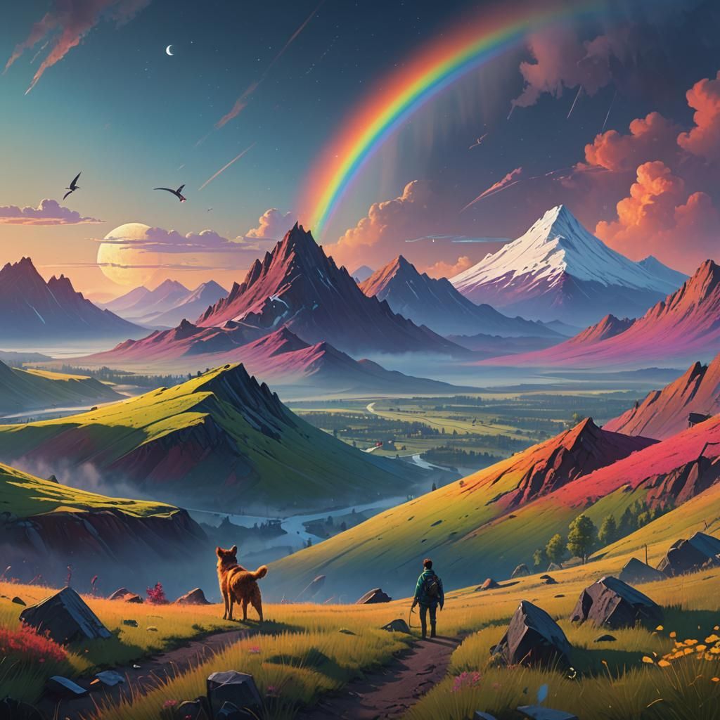 Rainbow Mountains and Moon in Dreamy Landscape