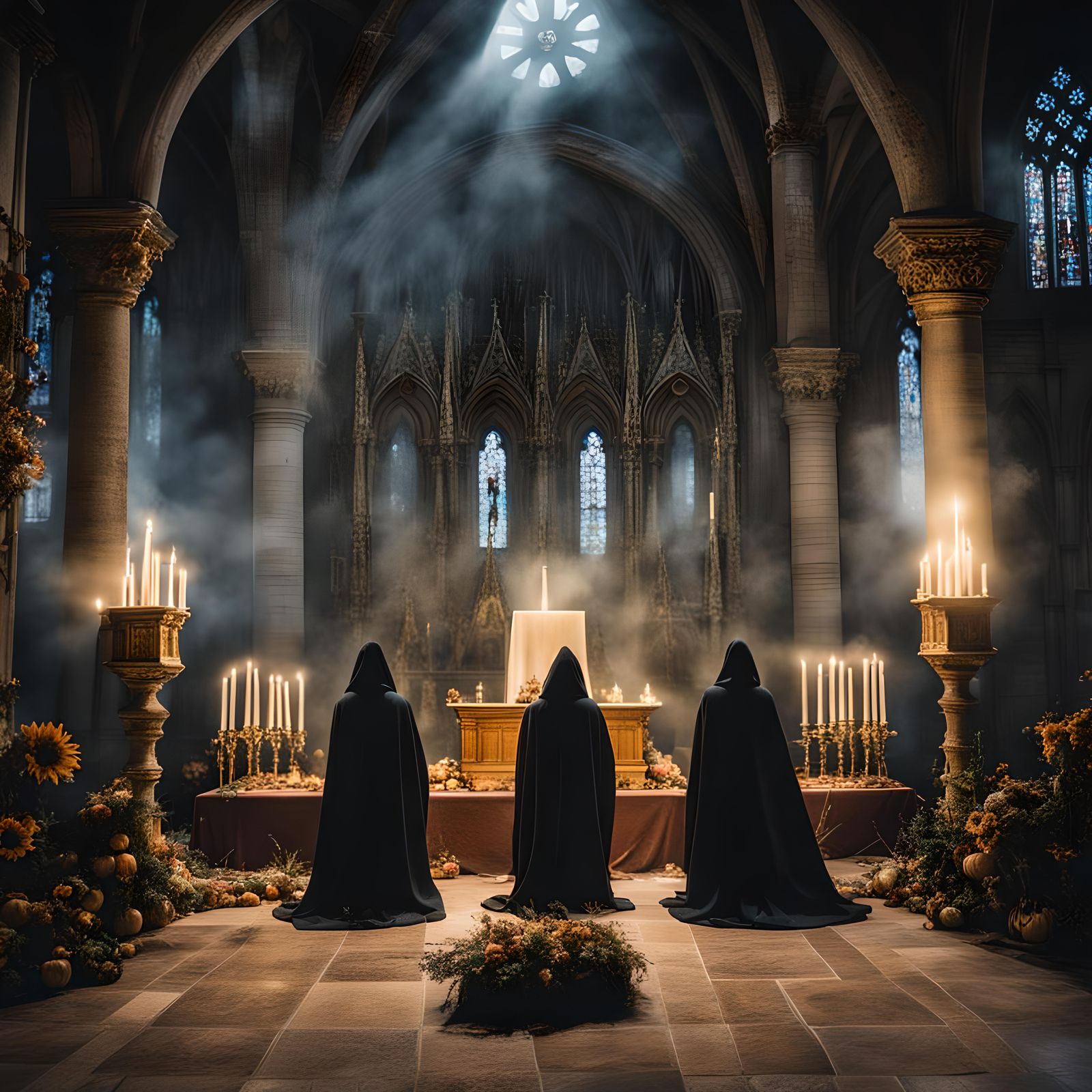 Spirit Bewitching Cloaked Figures on Altar