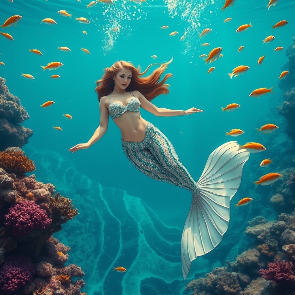 Enchanting Mermaid Swimming in Coral Reef, Dreamy Art