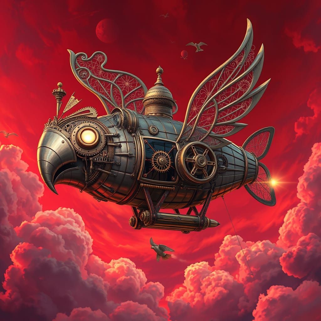 Steampunk Parrot Airship Soaring in Crimson Sky