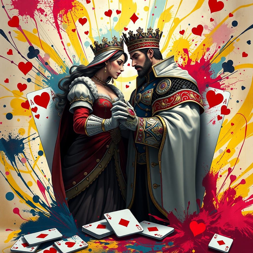 Regal Couple Emerges from Playing Cards in Splatter Paint St...
