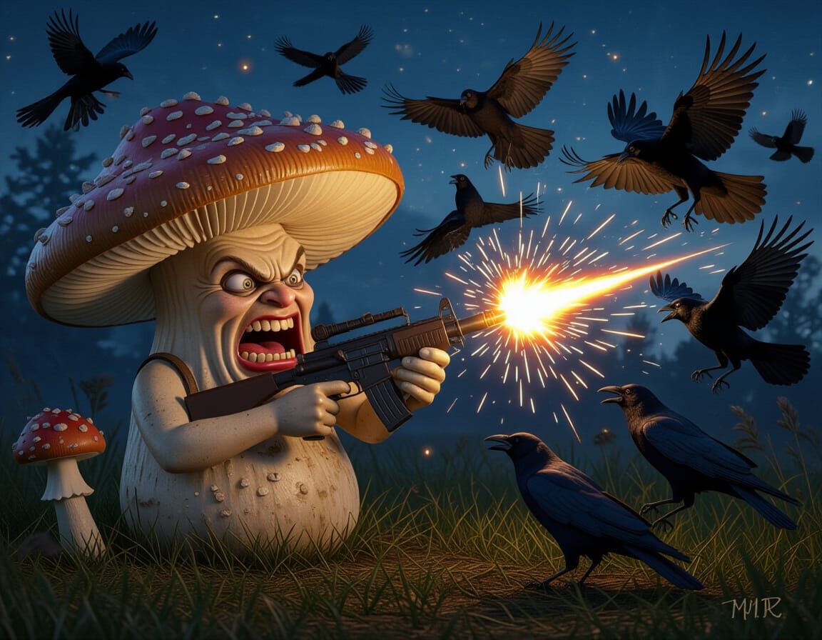 Hyperrealistic Mushroom Defends Itself Against Crows