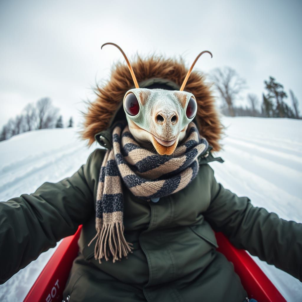 Mantis Sledding Downhill in Winter Gear