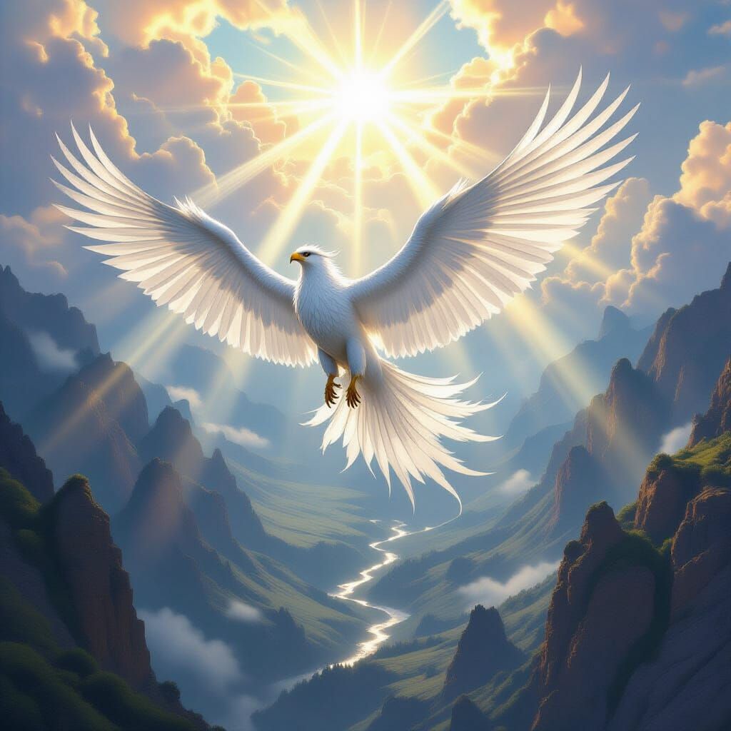 Majestic White Griffin Soars Over Sunlit Valley