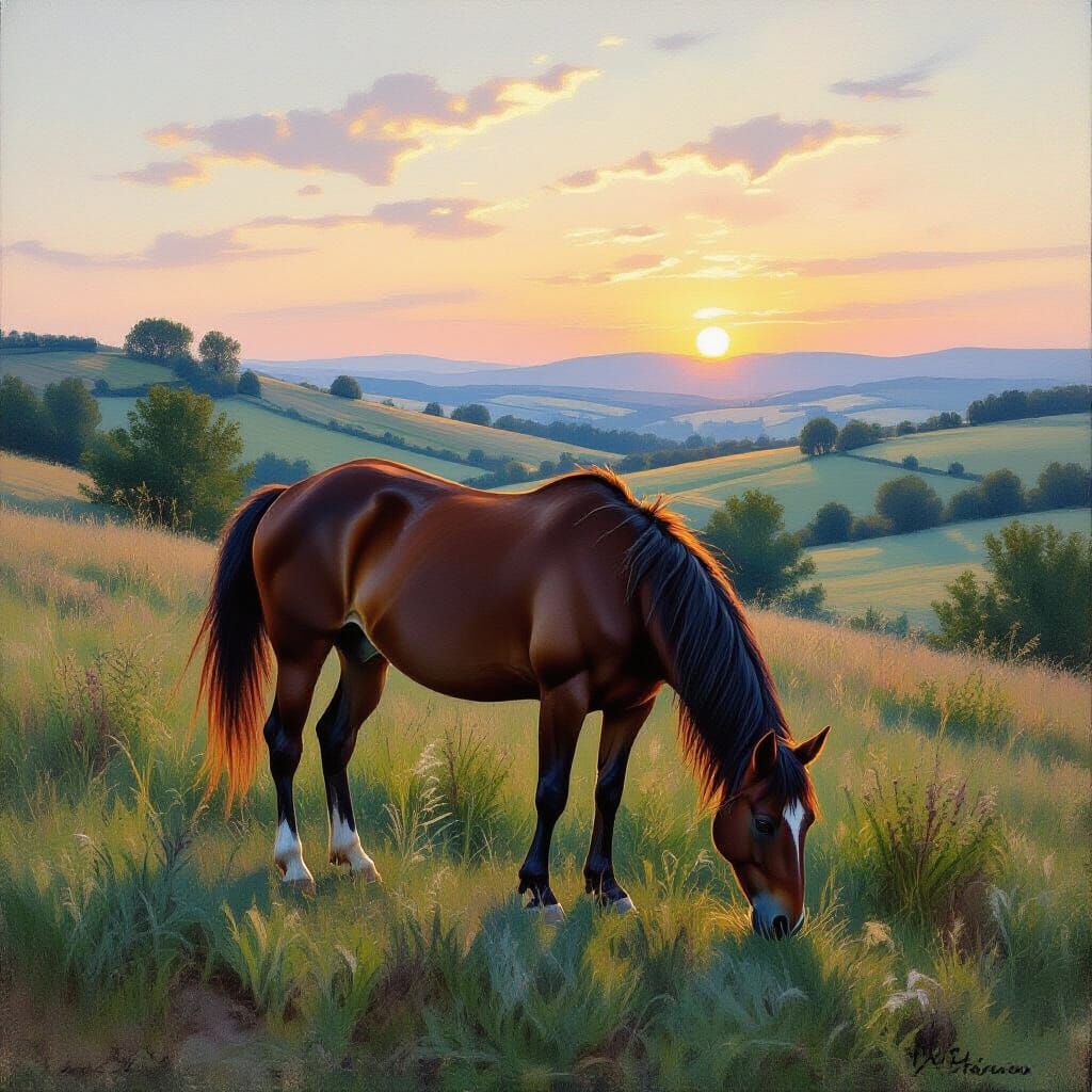 Horse Grazing at Dusk in Impressionistic Landscape