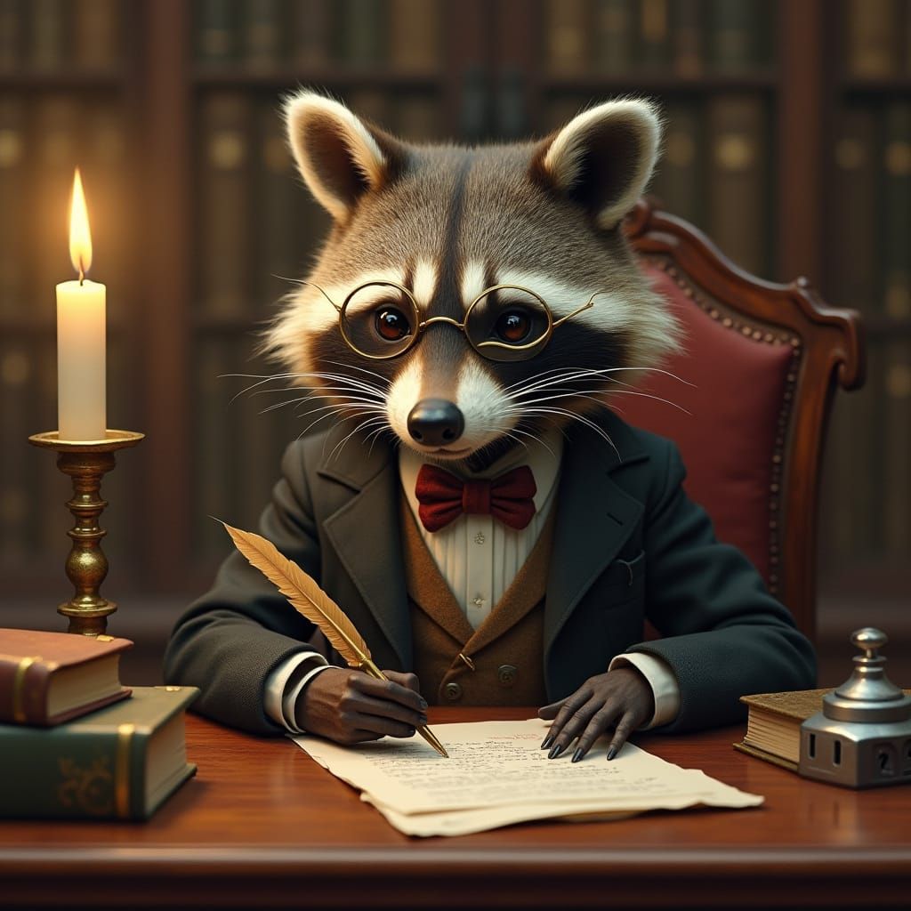 Dapper Raccoon Composing Letter in Art Nouveau Style