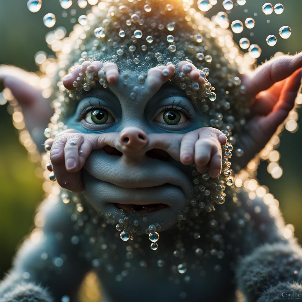 Baby Norwegian Troll Dewdrops Macro 8K HDR
