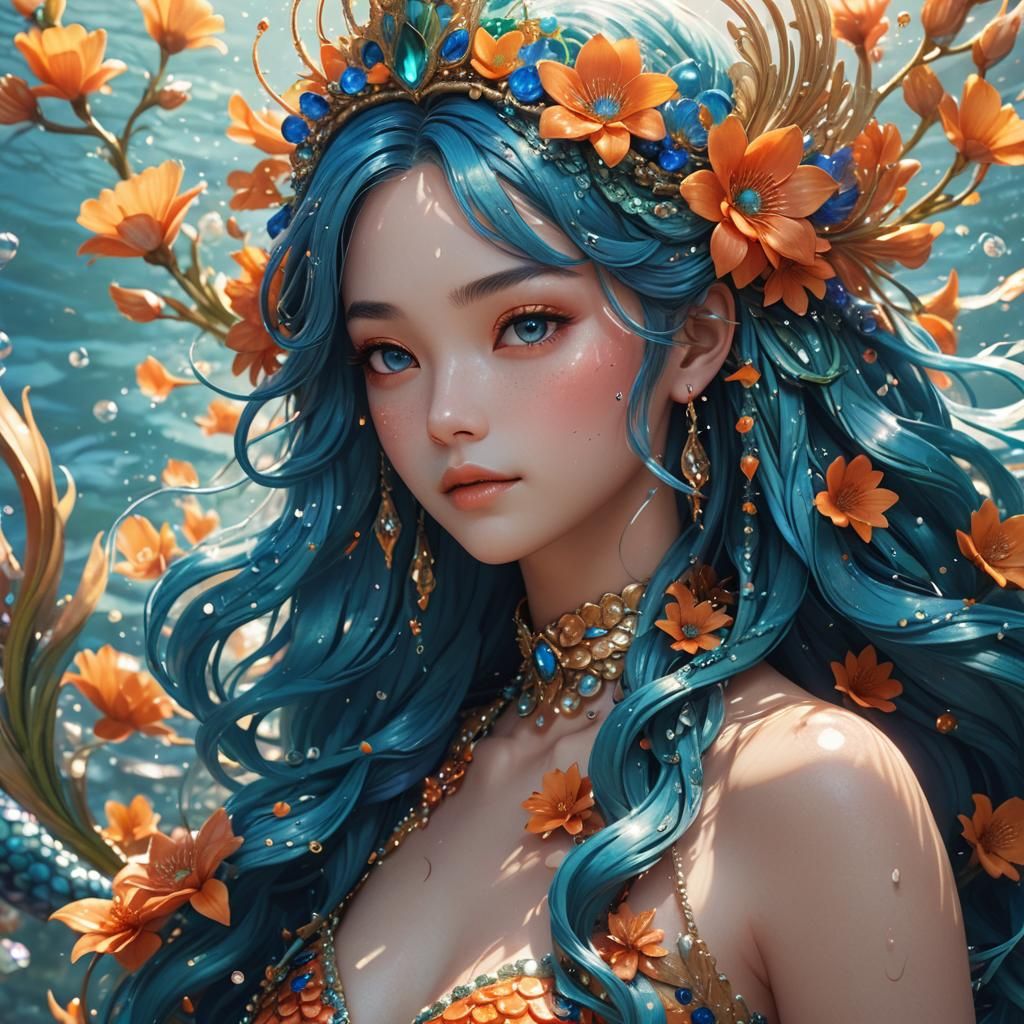 Anime Mermaid Portrait with Peacock Tail in 3D