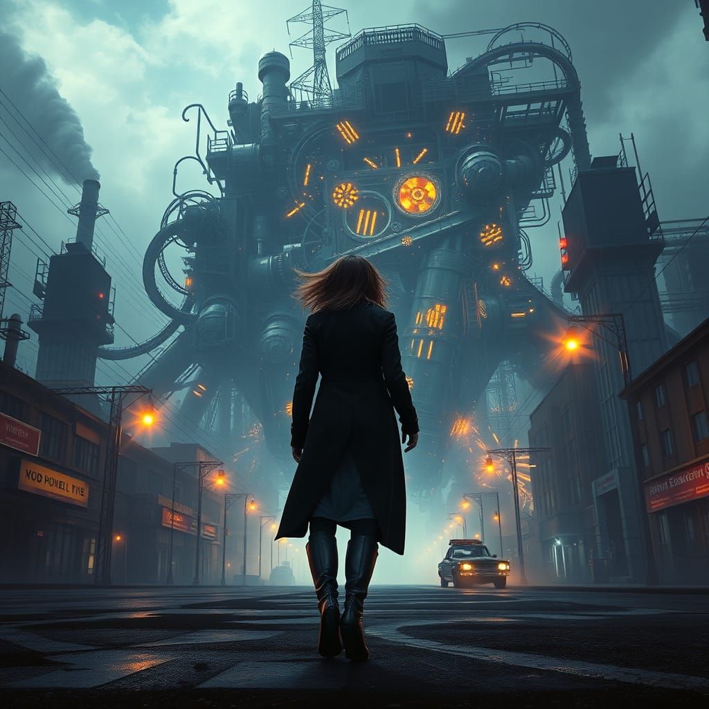 Dark Metropolis, Woman Approaches Power Plant in Cyberpunk S...