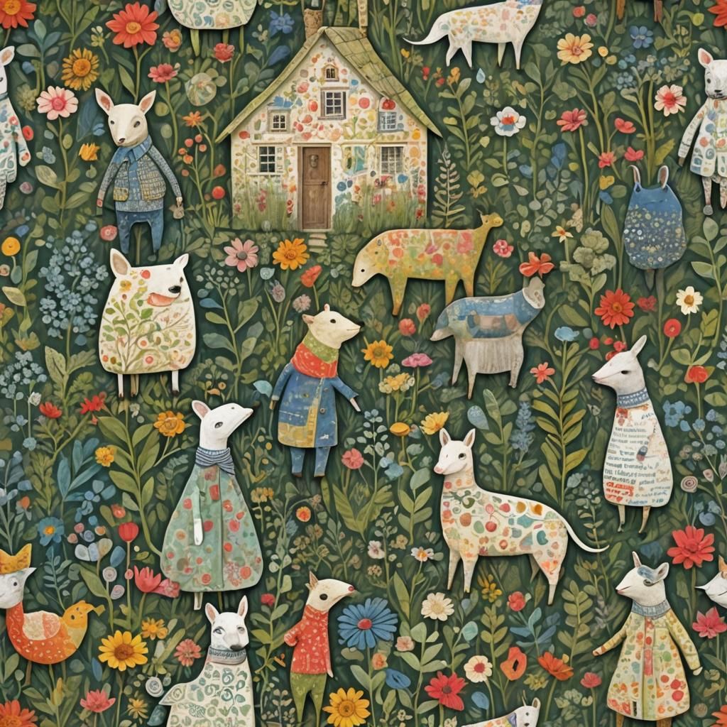 Whimsical Paper-Mache Animals in Cottage Garden Setting
