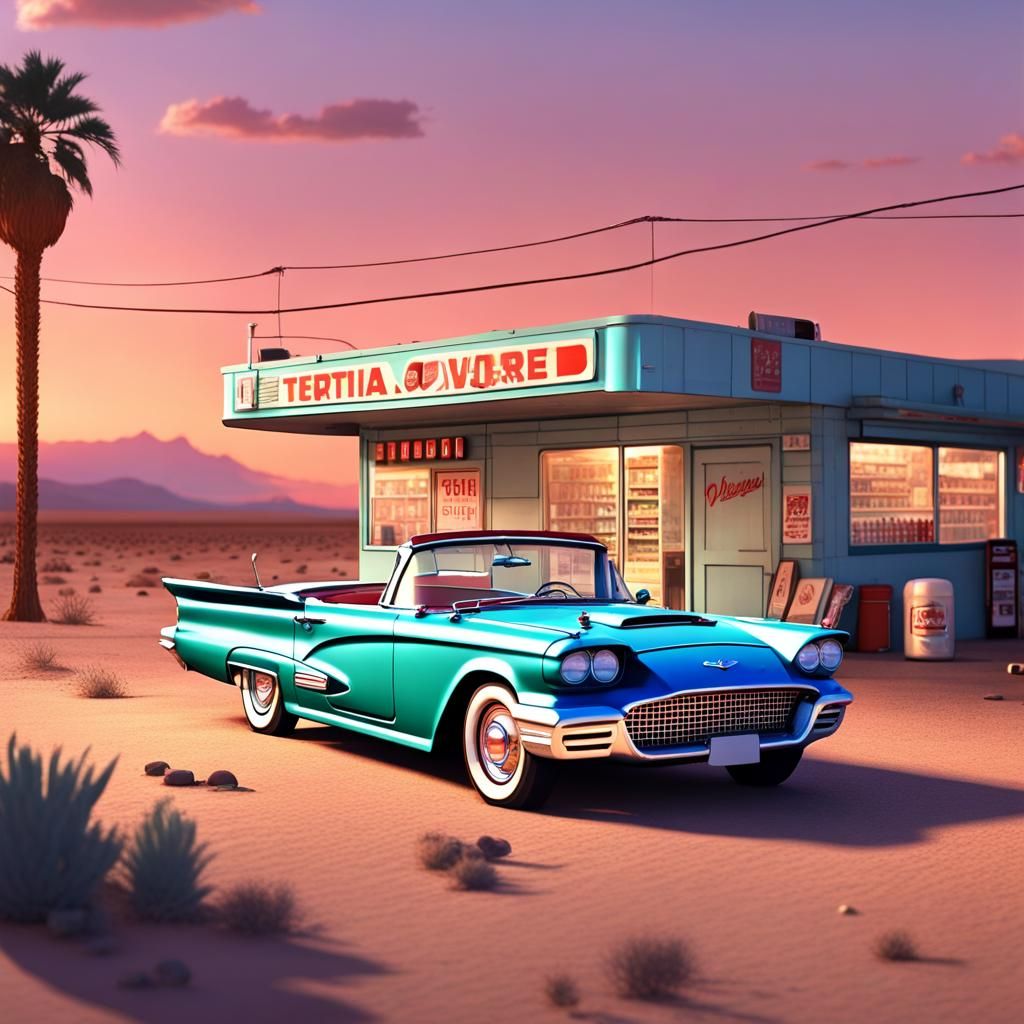 1959 Ford Thunderbird Convertible in Desert, Anime Style